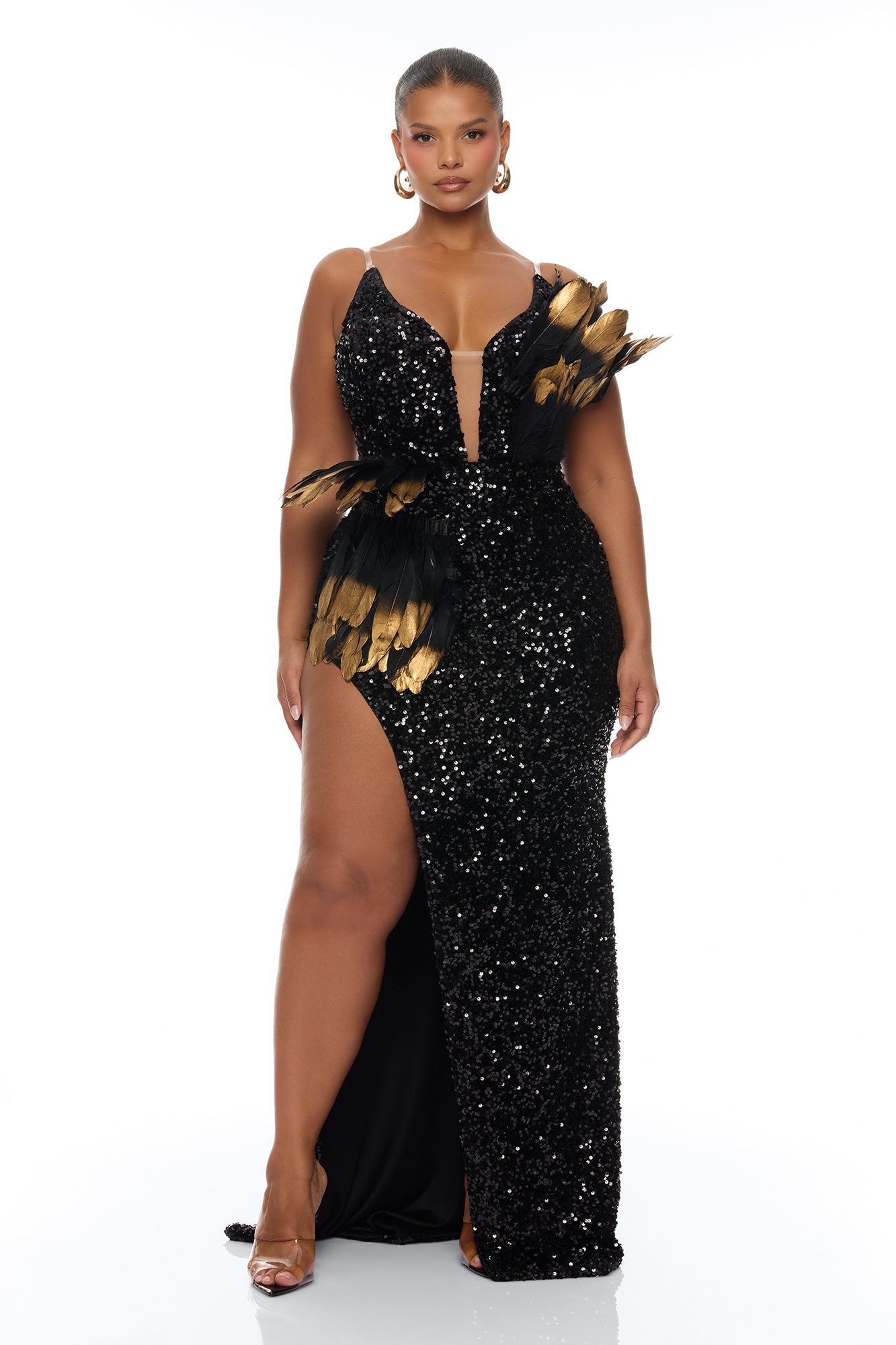 Jennifer Feather Sequin Embellished Maxi Dress - Black
