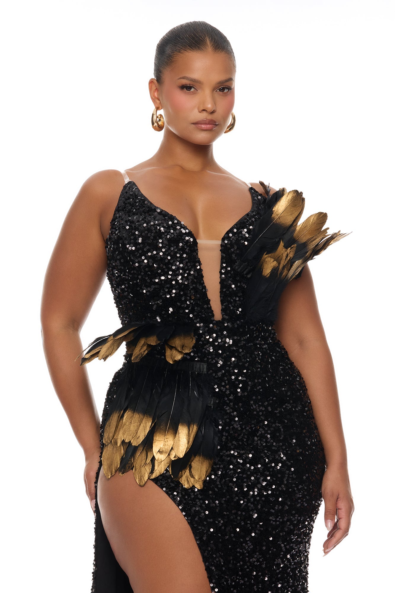 Jennifer Feather Sequin Embellished Maxi Dress - Black