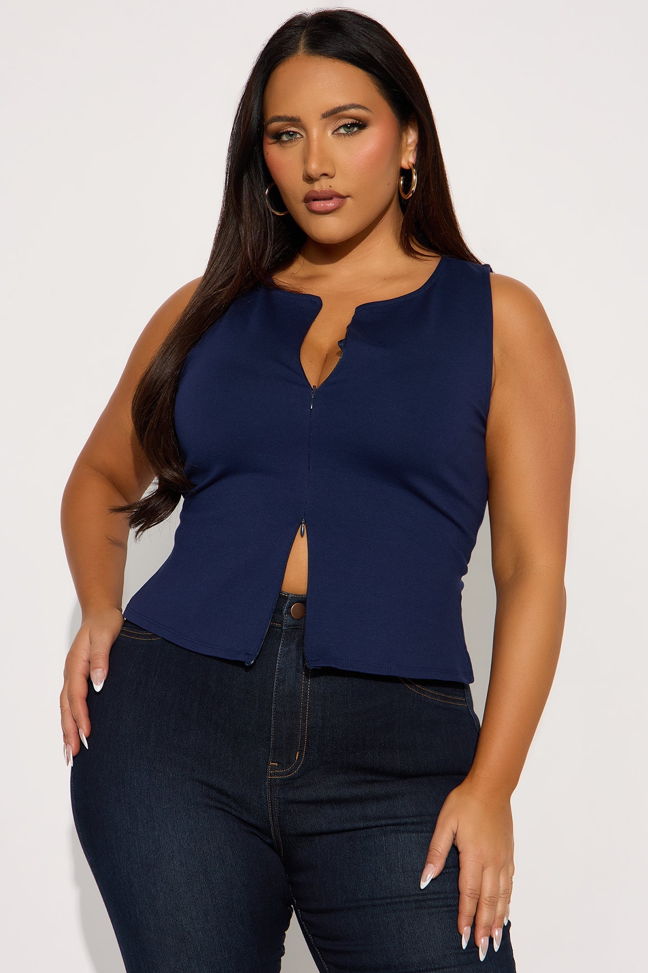 Leona Zipper Front Ponte Top - Navy