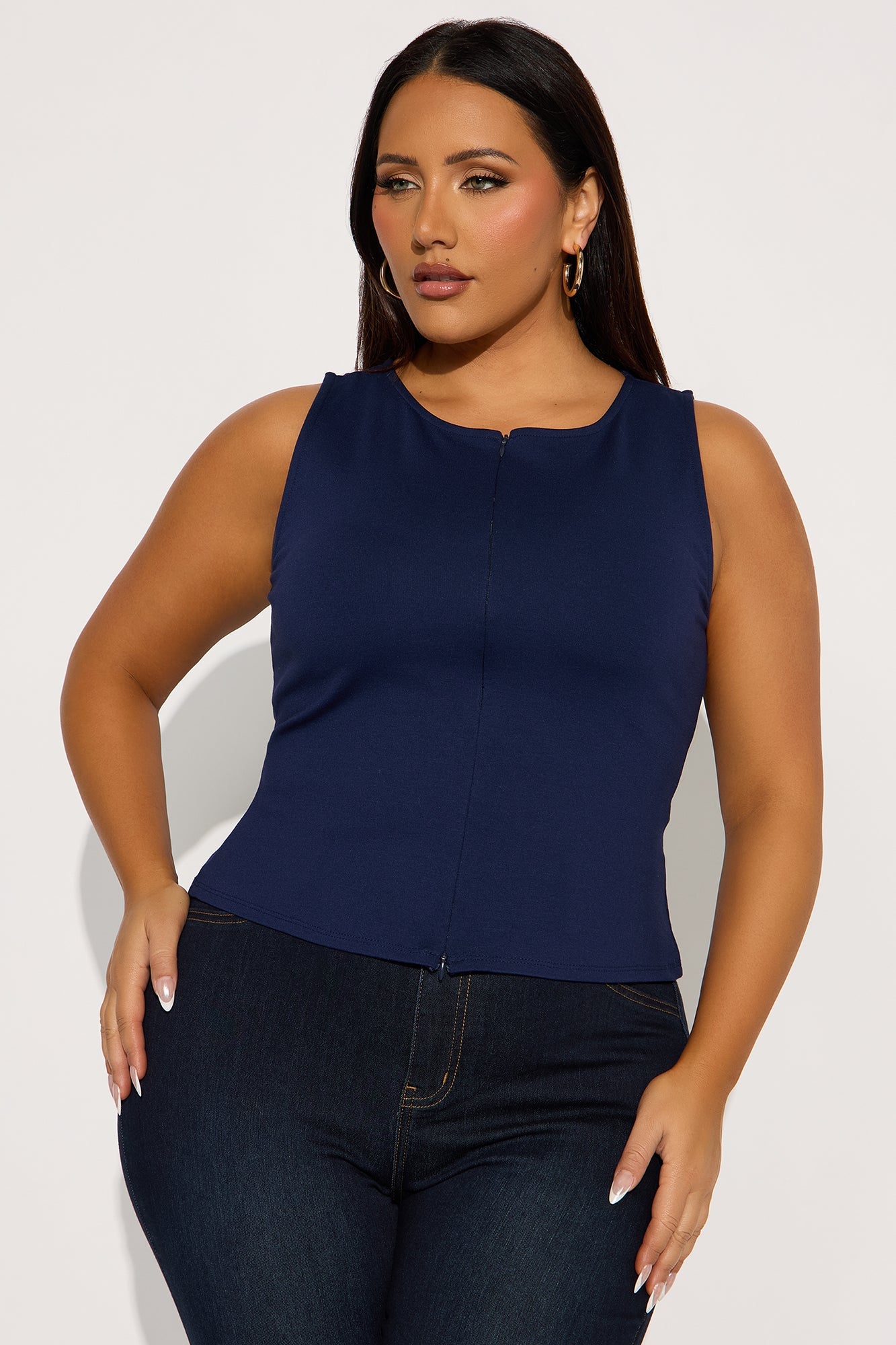 Leona Zipper Front Ponte Top - Navy
