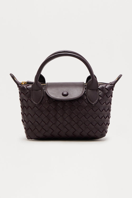 Ayla Woven Mini Faux Leather Satchel Handbag - Brown