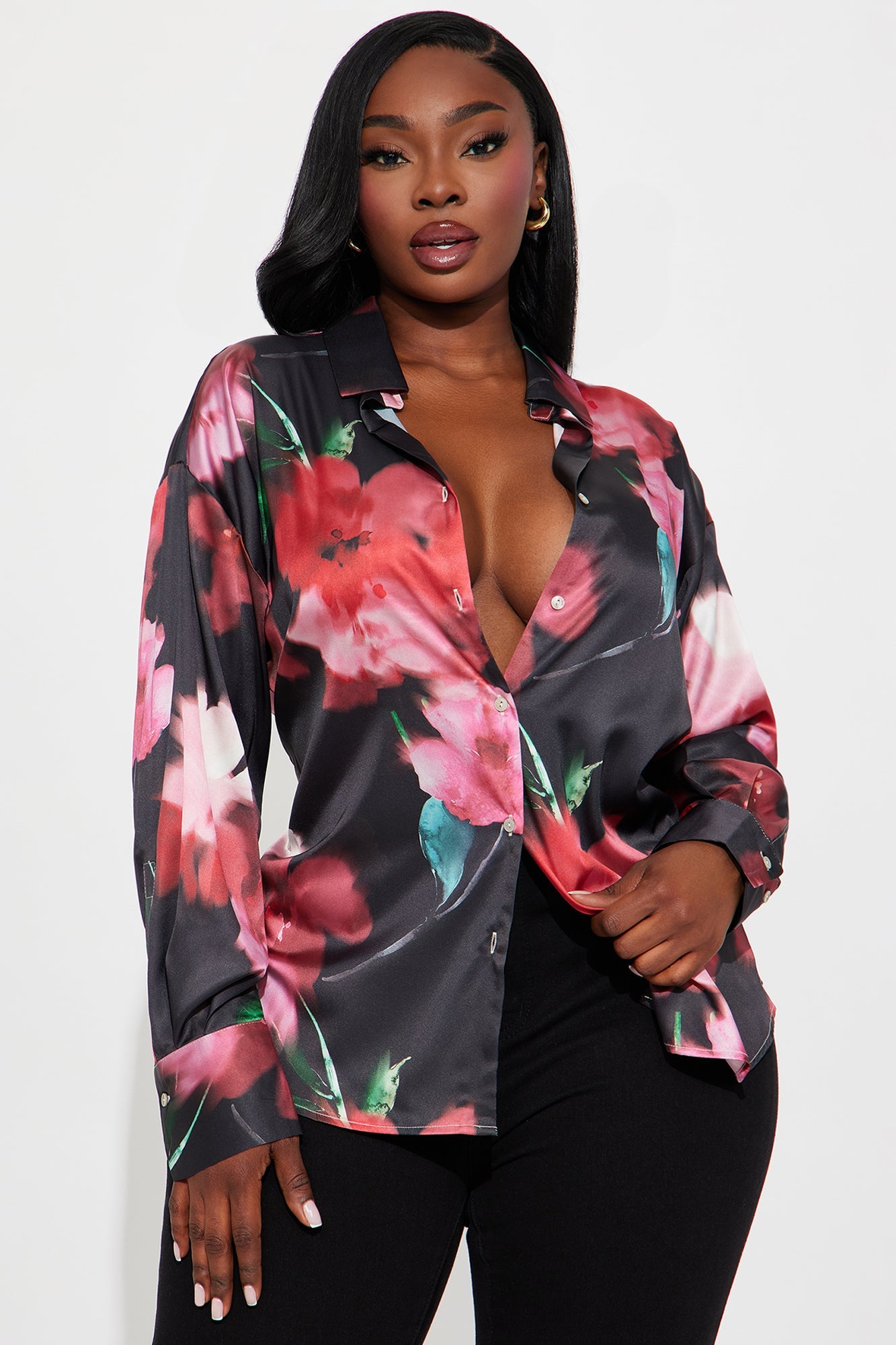Chasing Florals Satin Shirt - Red/combo
