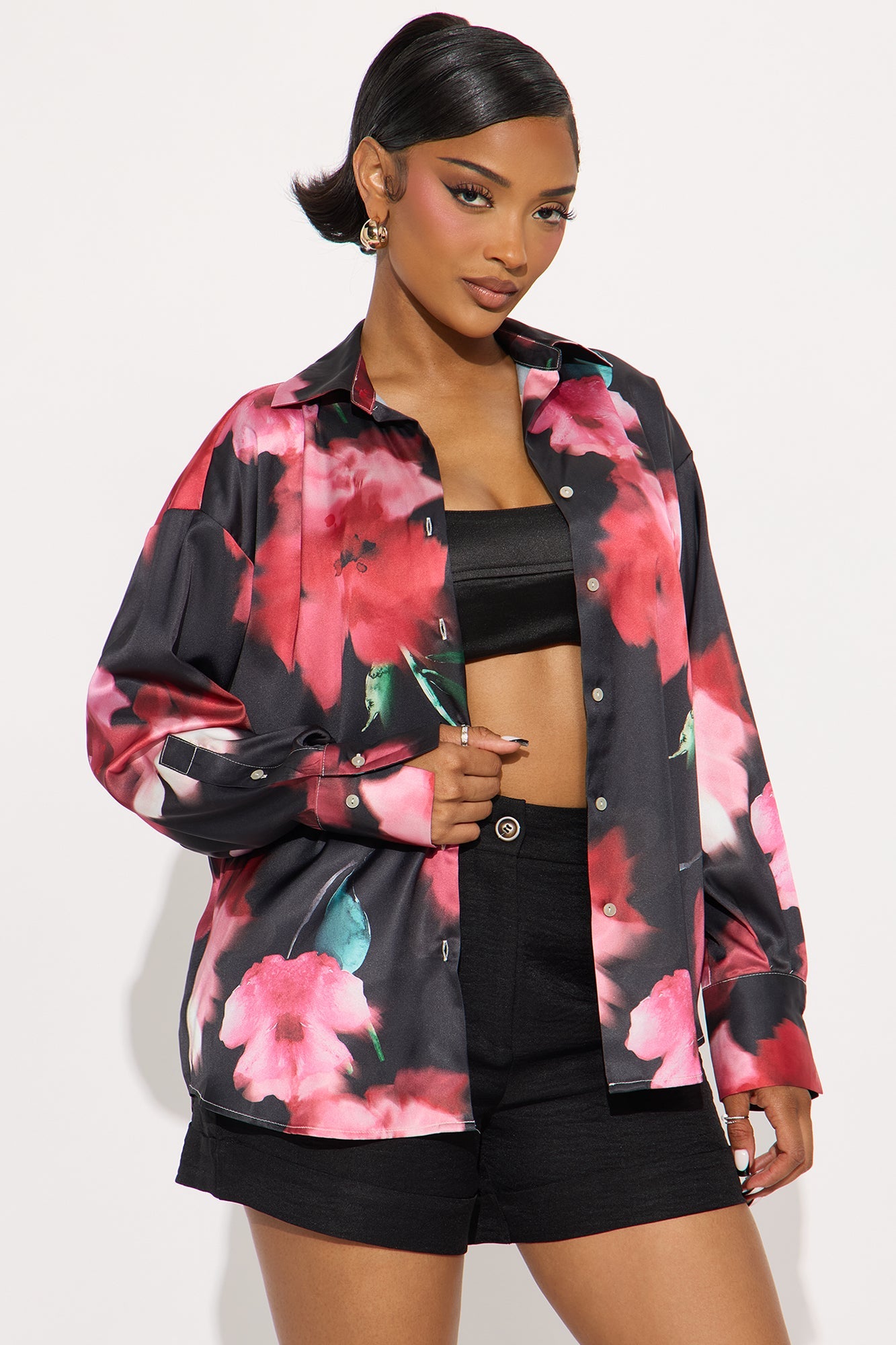 Chasing Florals Satin Shirt - Red/combo