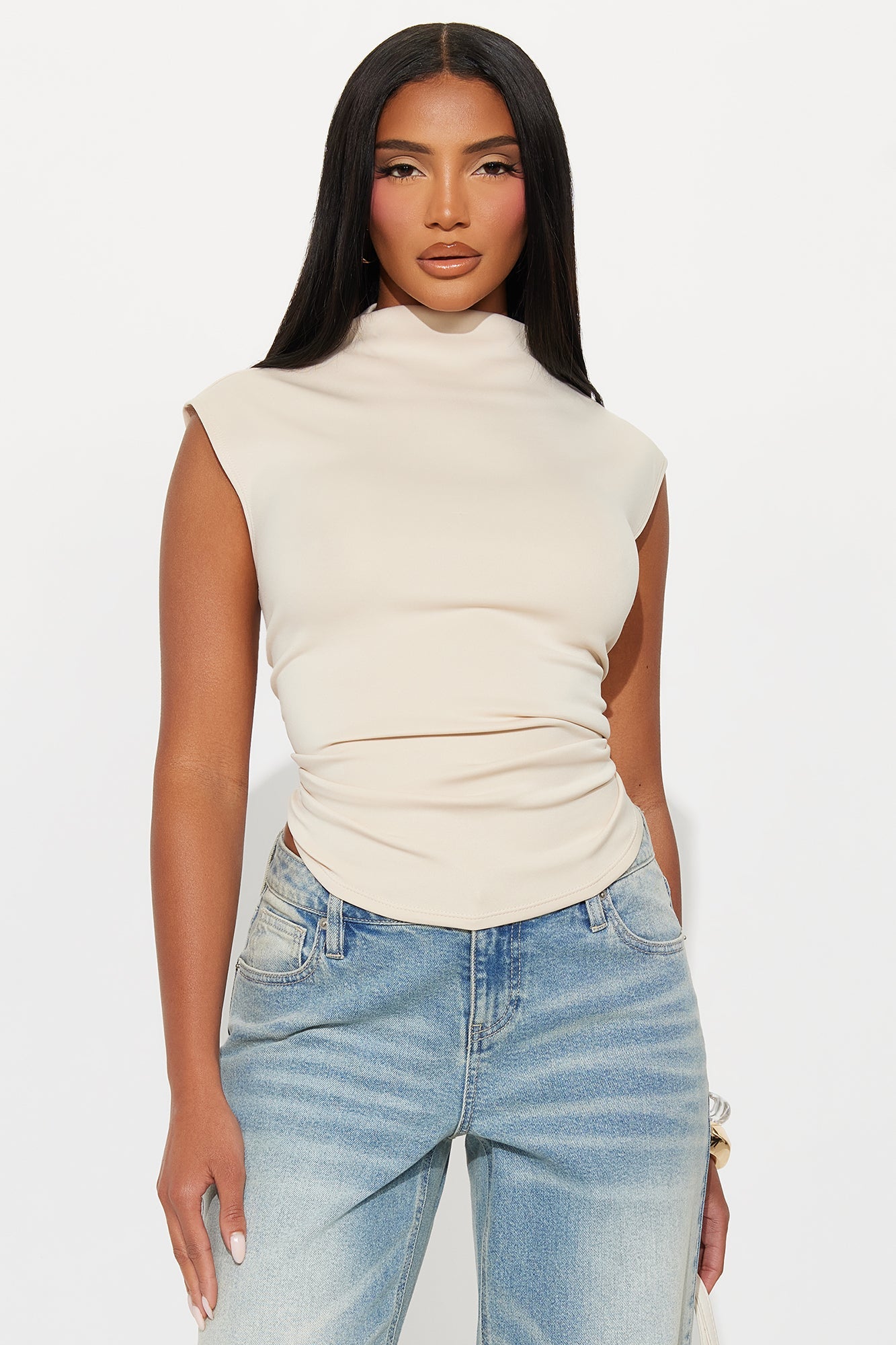 Rodeo Ruched Mock Neck Top - Cream