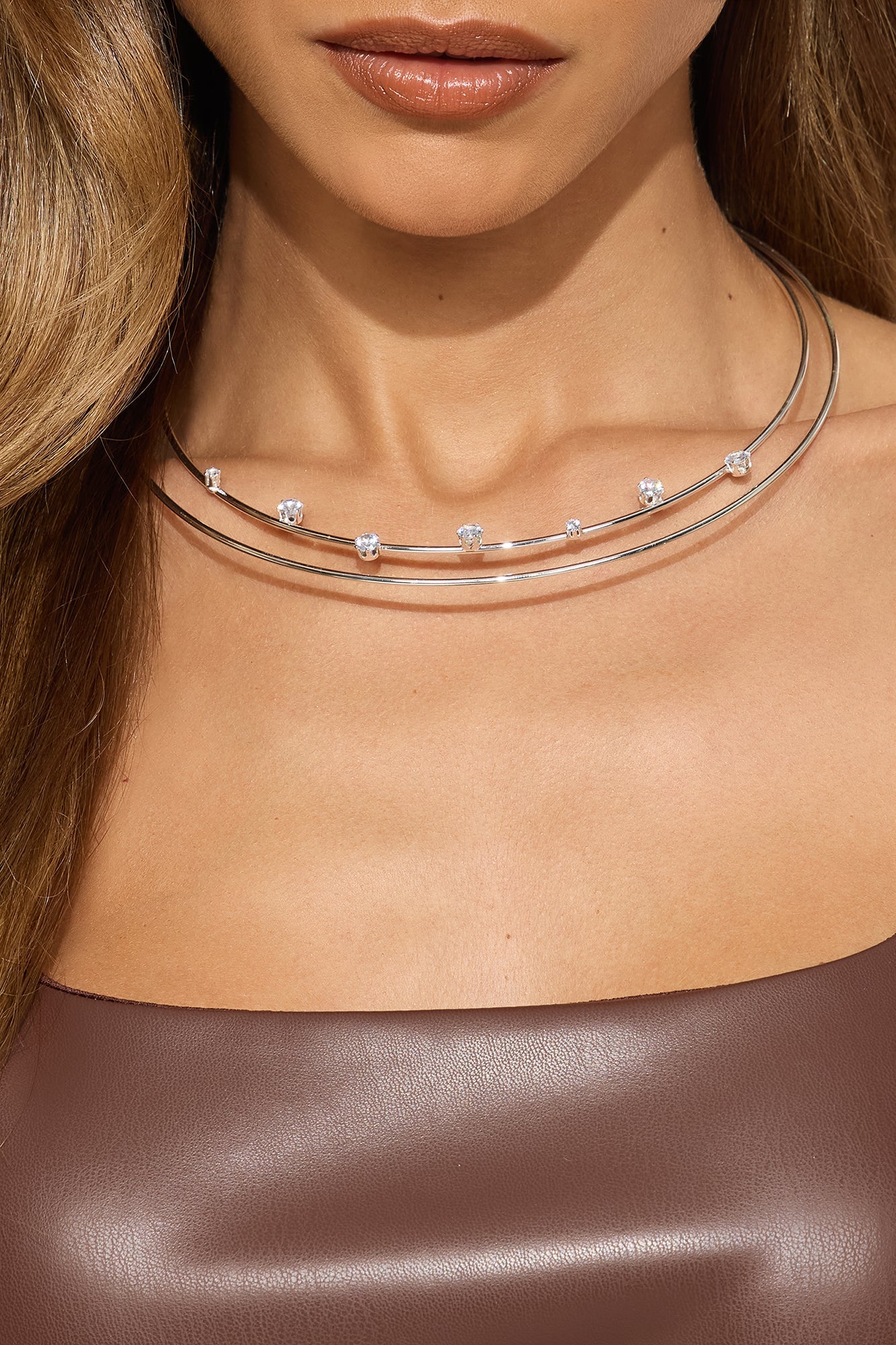 Silver Lake Rhinestone Trim Embellished Choker Necklace - Silver