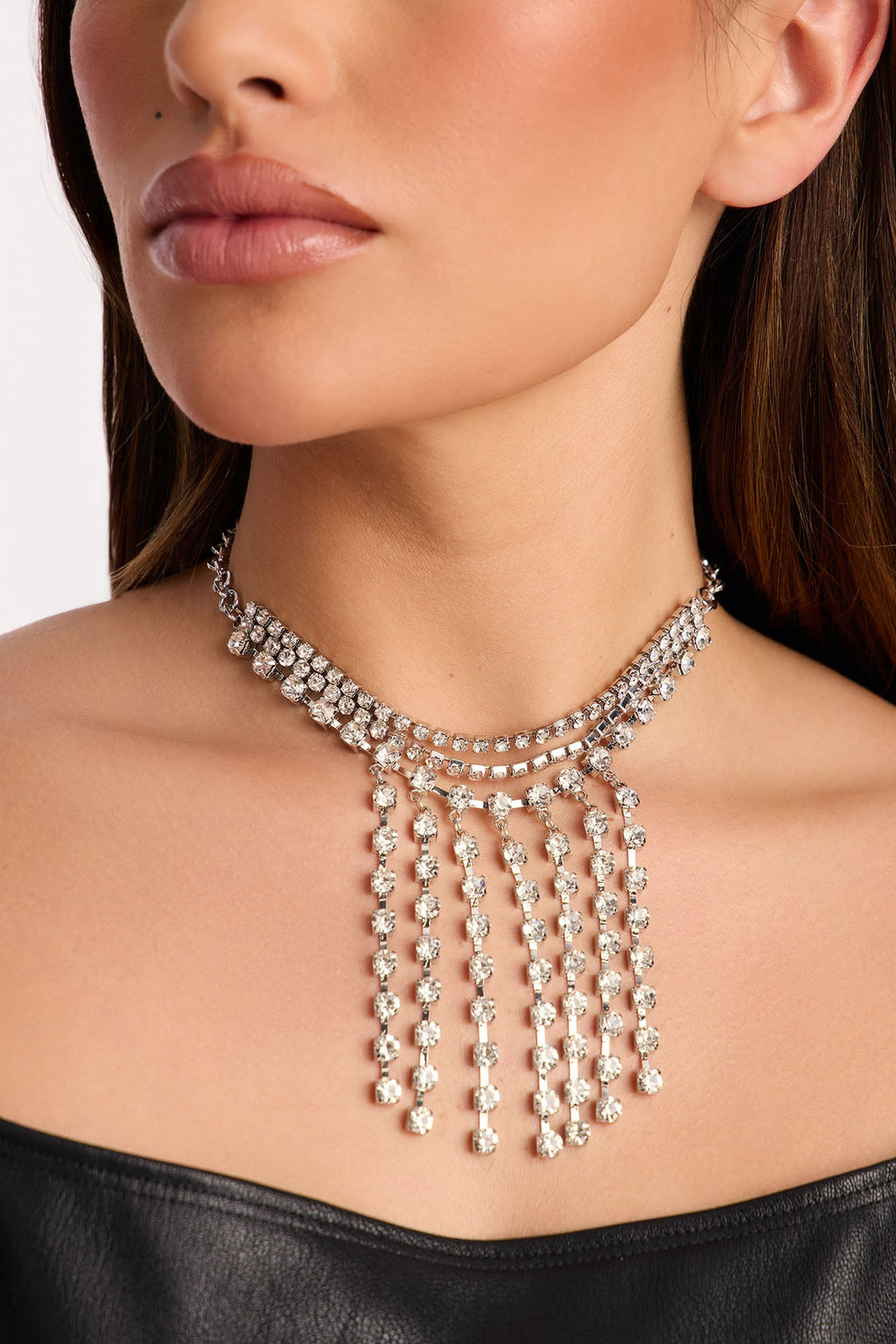 Lustre Line Rhinestone Choker Necklace - Silver