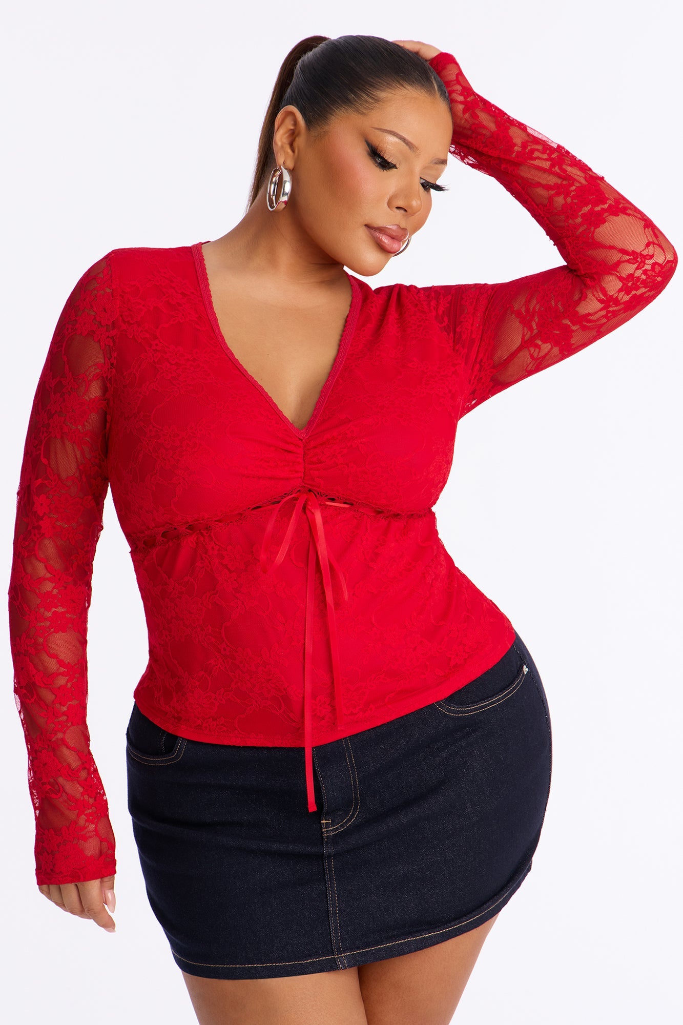Katana Lace Long Sleeve Top - Red